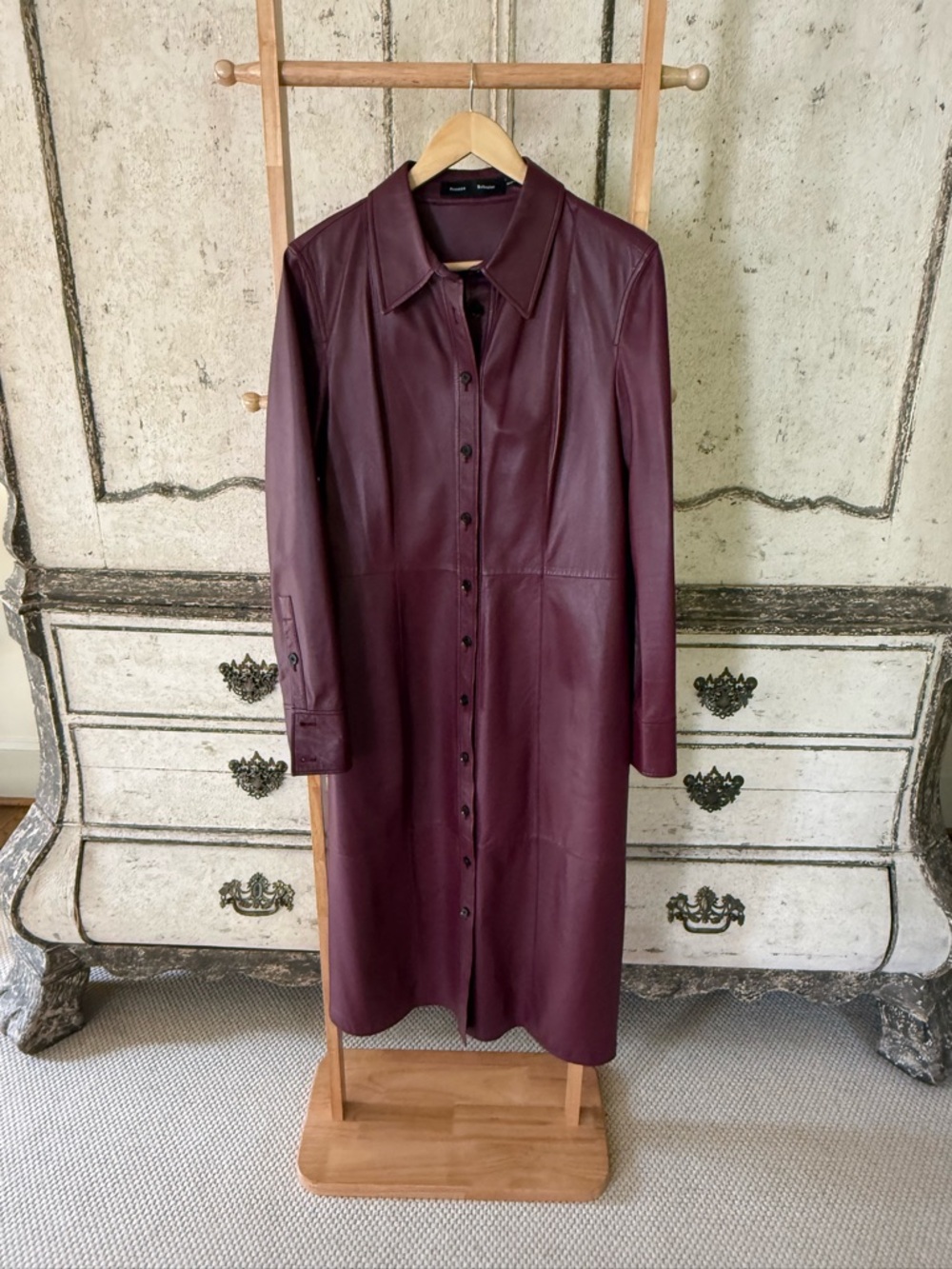 Proenza Schouler stunning Long Burgandy Button-Front Leather Trench Coat/Dress.